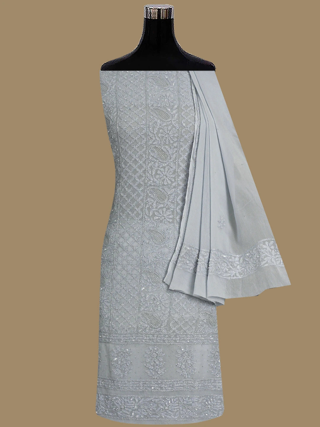 Ada Hand Embroidered Ash Grey Viscose Georgette Lucknowi Chikankari Unstitched Kurta Dupatta Set With Cutdana Work 01A795160