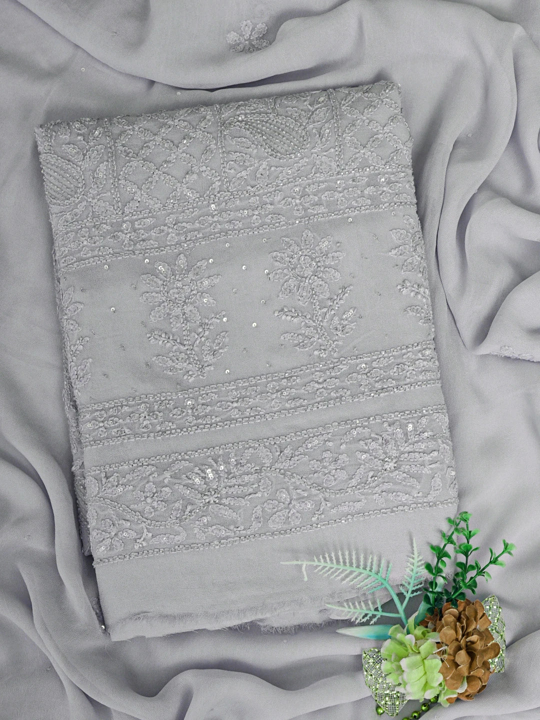 Ada Hand Embroidered Ash Grey Viscose Georgette Lucknowi Chikankari Unstitched Kurta Dupatta Set With Cutdana Work 01A795160