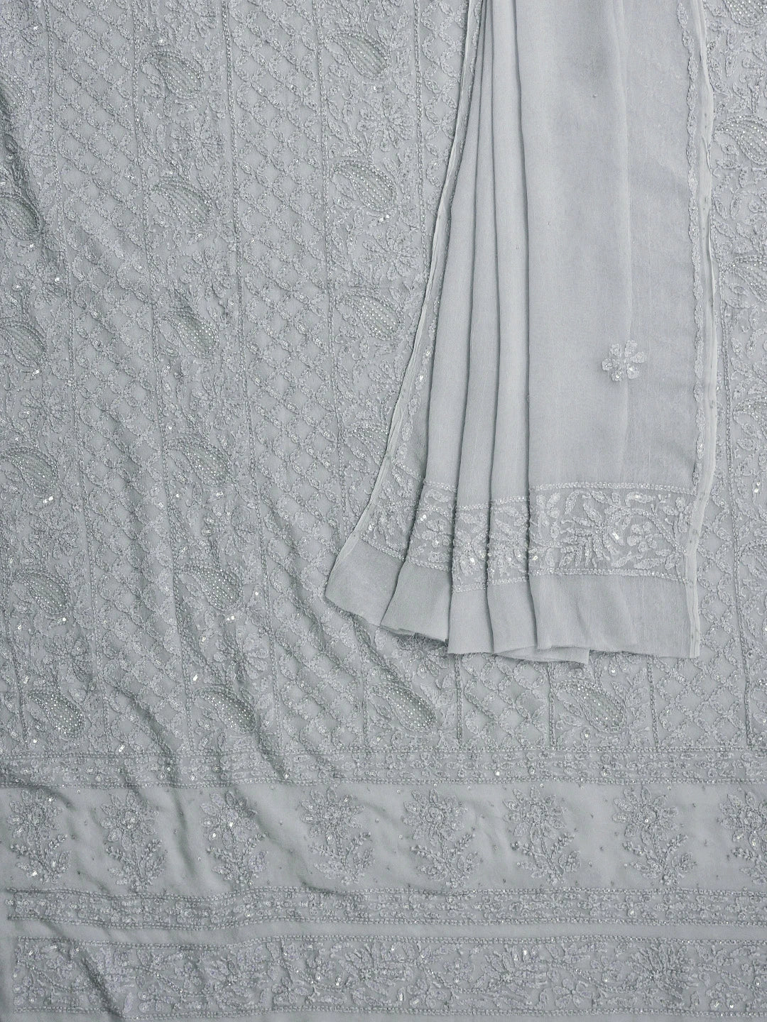 Ada Hand Embroidered Ash Grey Viscose Georgette Lucknowi Chikankari Unstitched Kurta Dupatta Set With Cutdana Work 01A795160