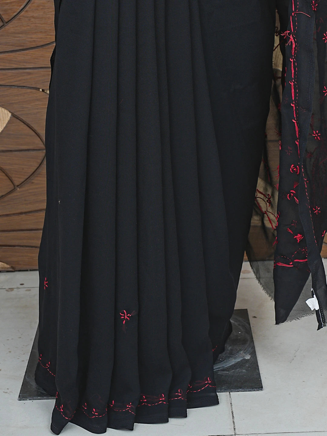 Ada Hand Embroidered Black Georgette Lucknowi Chikankari Saree With Blouse 01A853743