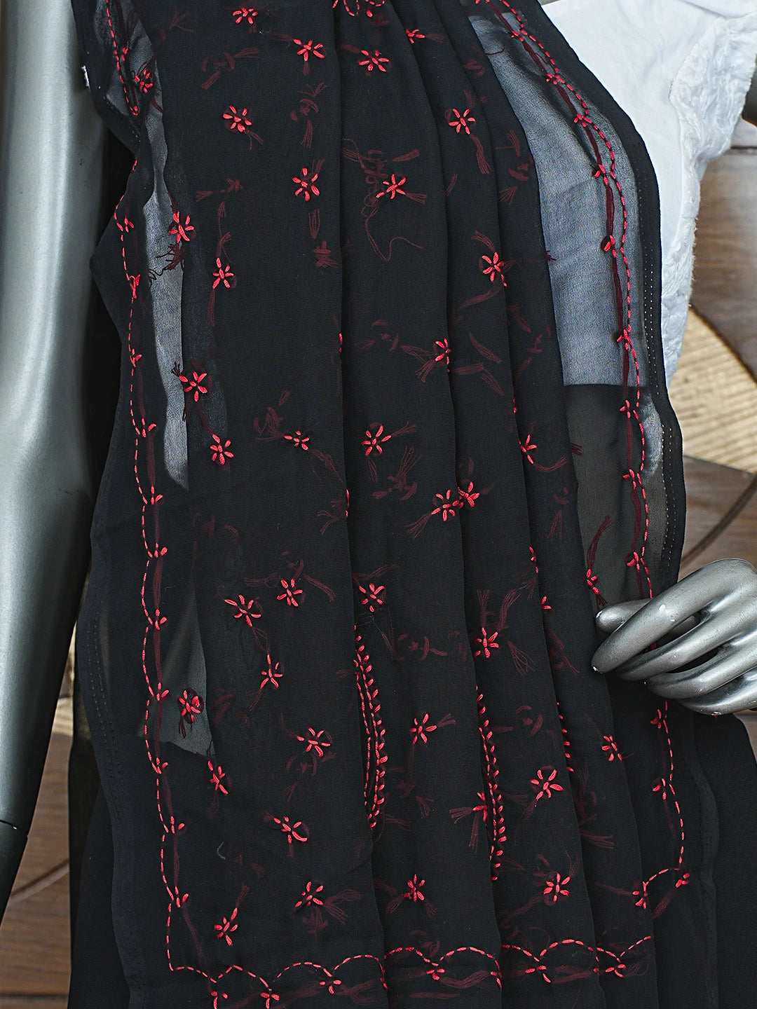 Ada Hand Embroidered Black Georgette Lucknowi Chikankari Saree With Blouse 01A853743