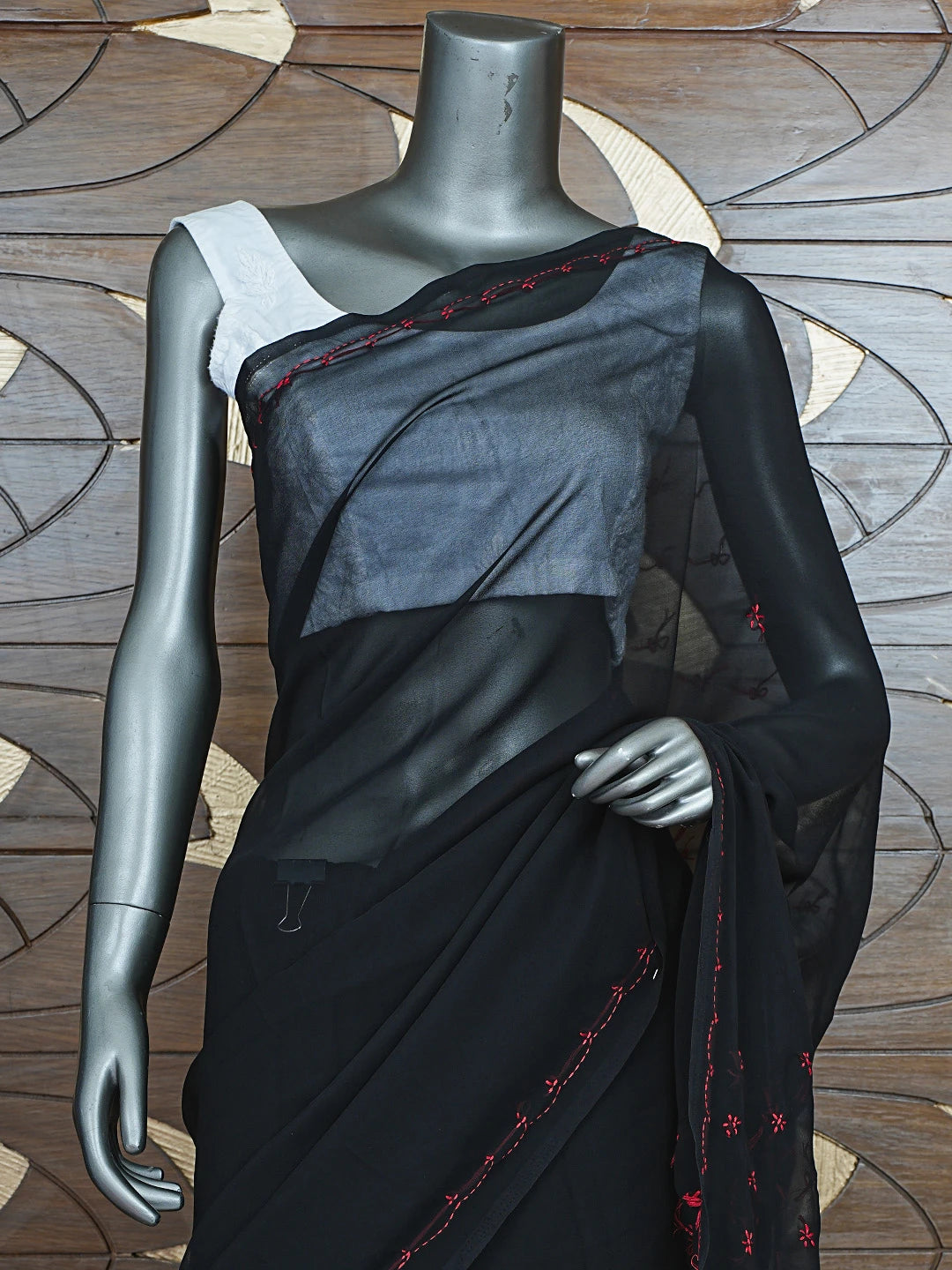 Ada Hand Embroidered Black Georgette Lucknowi Chikankari Saree With Blouse 01A853743