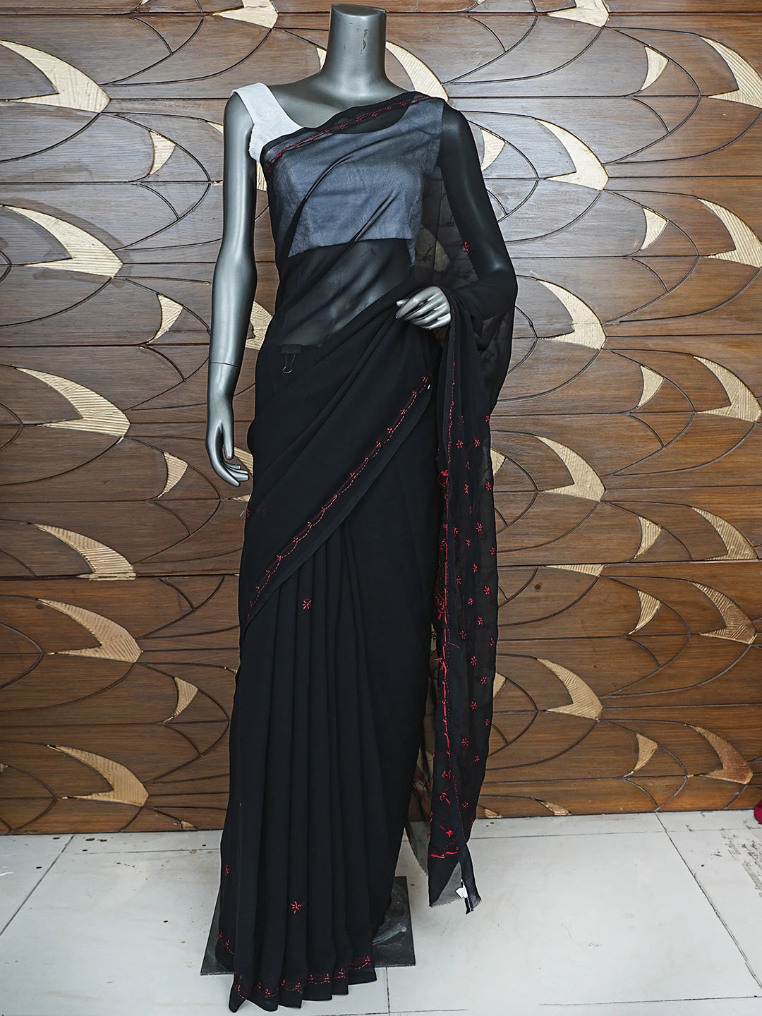 Ada Hand Embroidered Black Georgette Lucknowi Chikankari Saree With Blouse 01A853743