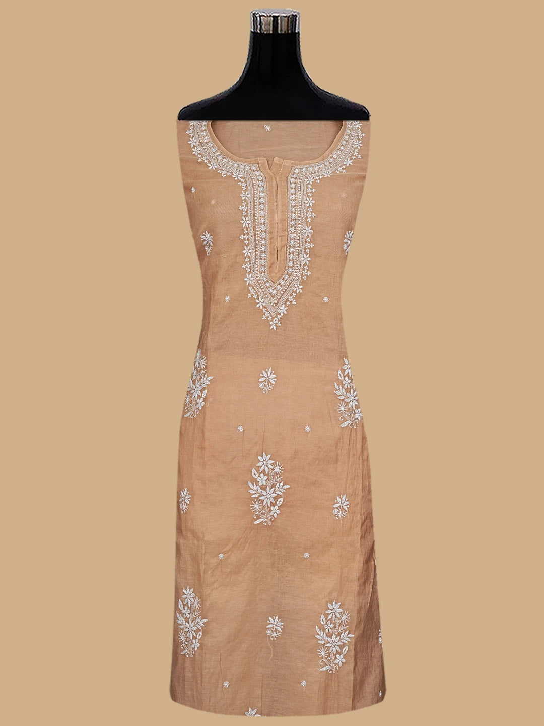 Ada Hand Embroidered Fawn Chanderi Lucknowi Chikankari Unstitched Kurta Dupatta Set 01A815326