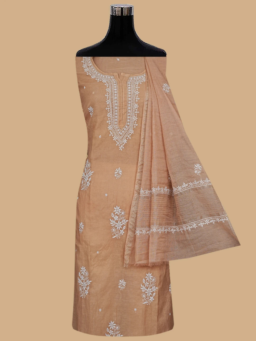 Ada Hand Embroidered Fawn Chanderi Lucknowi Chikankari Unstitched Kurta Dupatta Set 01A815326