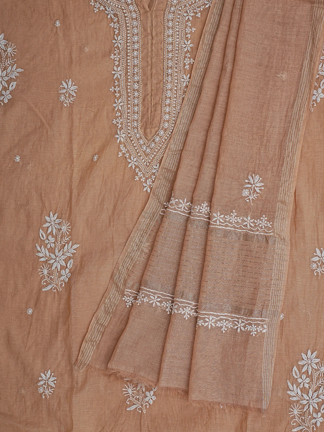 Ada Hand Embroidered Fawn Chanderi Lucknowi Chikankari Unstitched Kurta Dupatta Set 01A815326