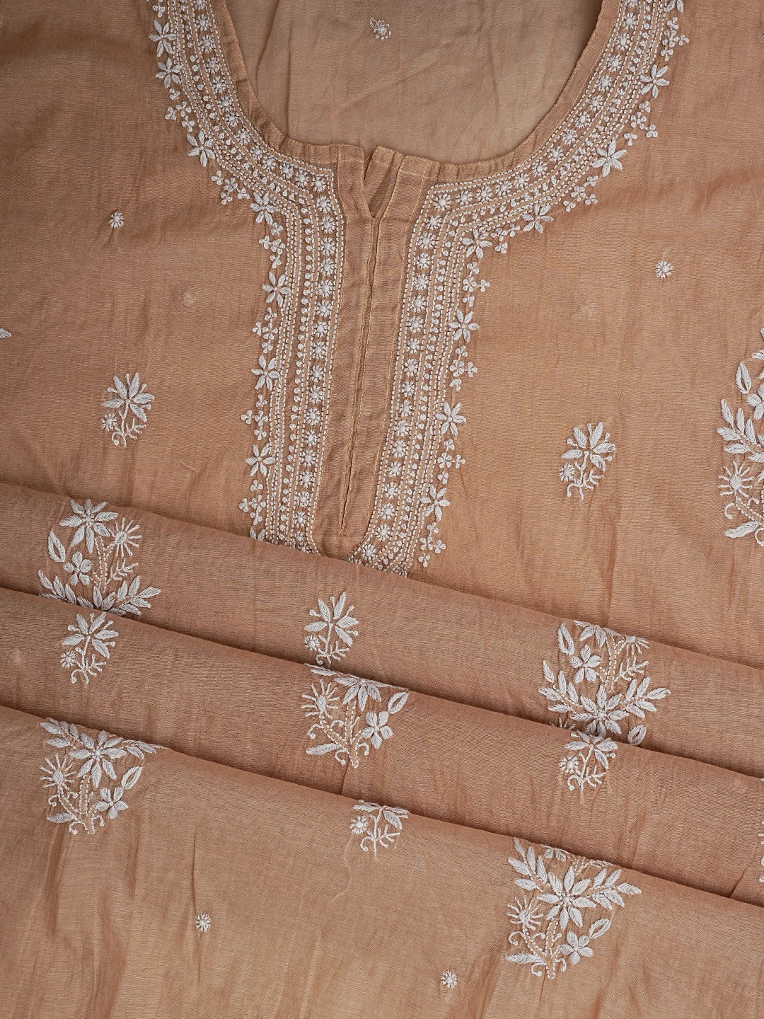 Ada Hand Embroidered Fawn Chanderi Lucknowi Chikankari Unstitched Kurta Dupatta Set 01A815326