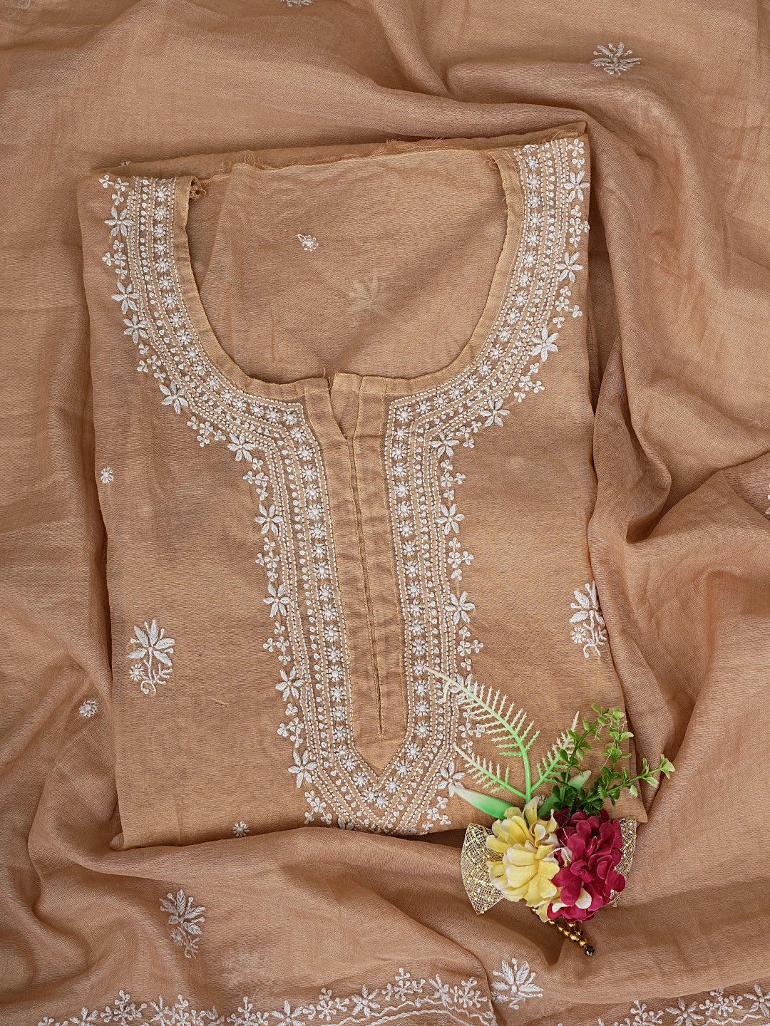 Ada Hand Embroidered Fawn Chanderi Lucknowi Chikankari Unstitched Kurta Dupatta Set 01A815326