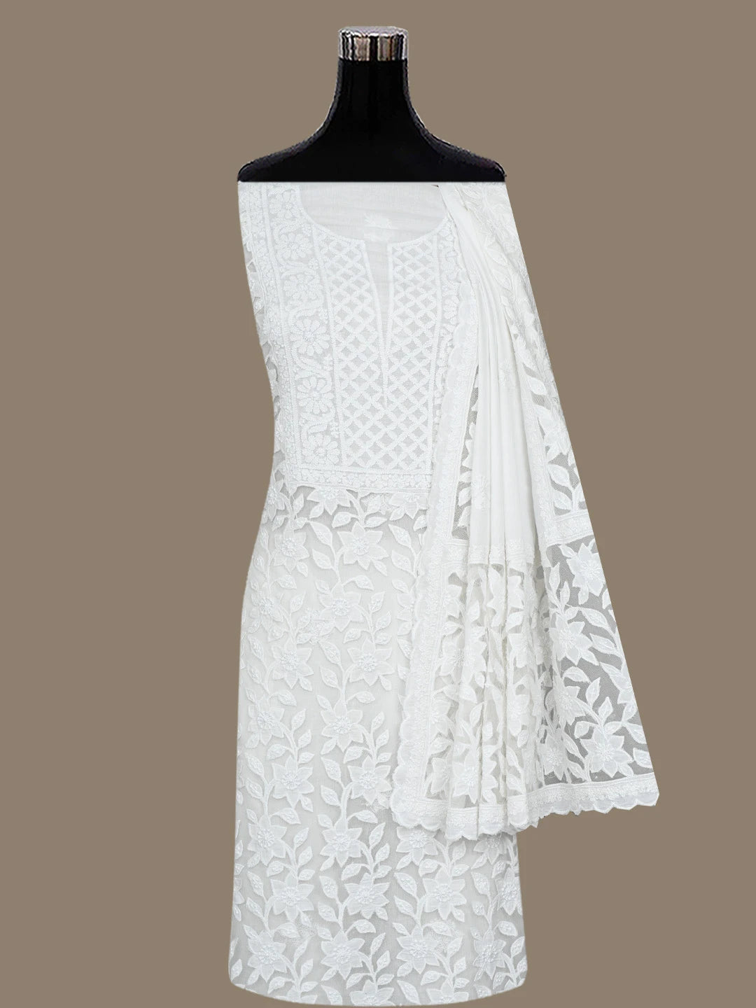Ada Hand Embroidered White Cotton Lucknowi Chikankari Unstitched Kurta Dupatta Set 01A847343