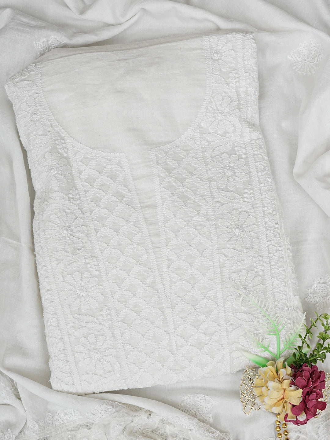 Ada Hand Embroidered White Cotton Lucknowi Chikankari Unstitched Kurta Dupatta Set 01A847343