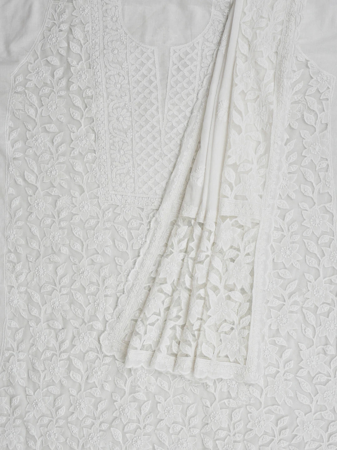 Ada Hand Embroidered White Cotton Lucknowi Chikankari Unstitched Kurta Dupatta Set 01A847343