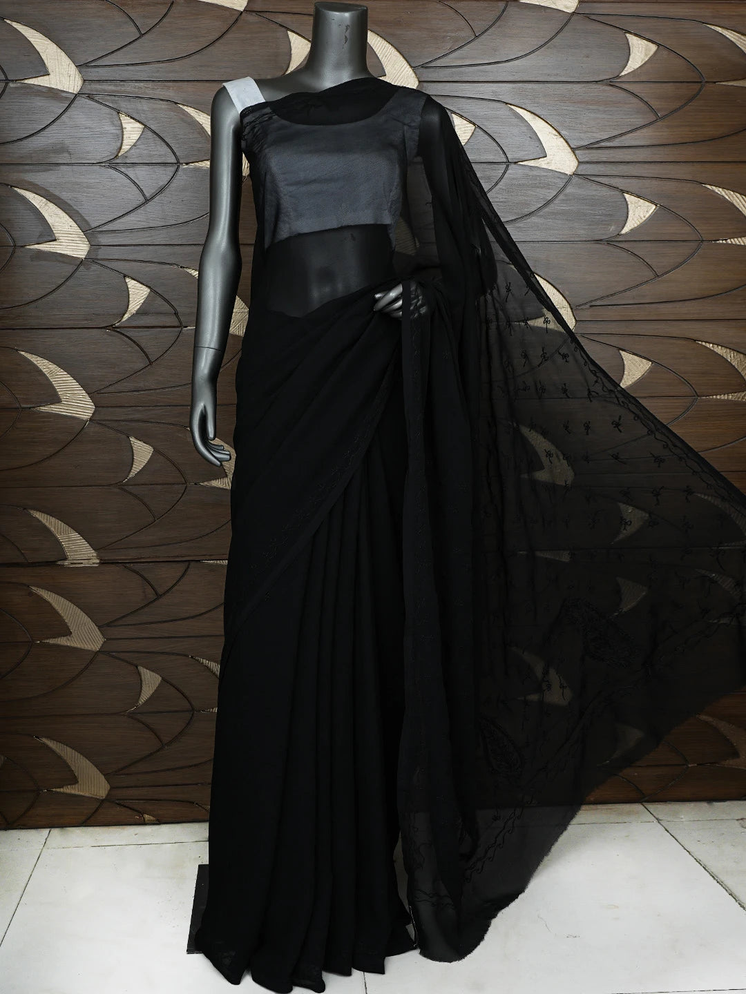 Ada Hand Embroidered Black Georgette Lucknowi Chikankari Saree With Blouse 01A853739
