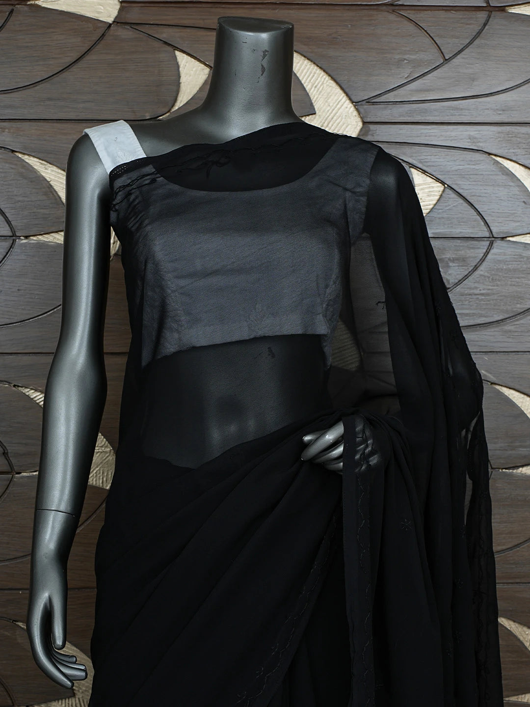 Ada Hand Embroidered Black Georgette Lucknowi Chikankari Saree With Blouse 01A853739