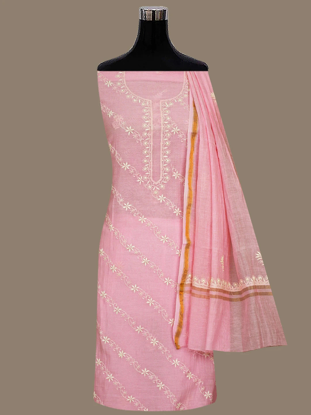 Ada Hand Embroidered Pink Chanderi Lucknowi Chikankari Unstitched Kurta Dupatta Set 01A808970
