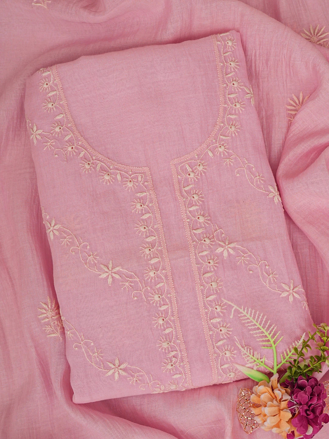 Ada Hand Embroidered Pink Chanderi Lucknowi Chikankari Unstitched Kurta Dupatta Set 01A808970