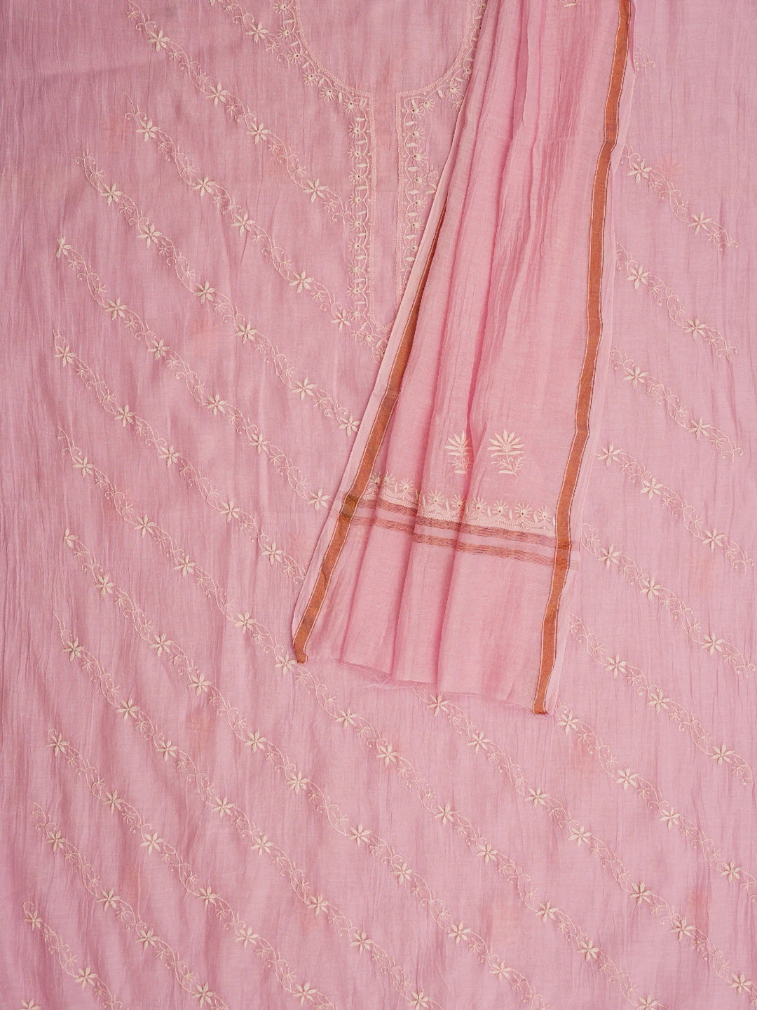 Ada Hand Embroidered Pink Chanderi Lucknowi Chikankari Unstitched Kurta Dupatta Set 01A808970