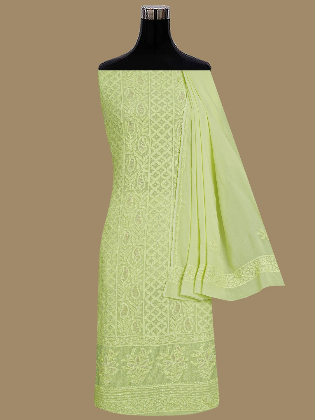Ada Hand Embroidered Lemon Green Viscose Georgette Lucknowi Chikankari Unstitched Kurta Dupatta Set With Cutdana Work 01A816538