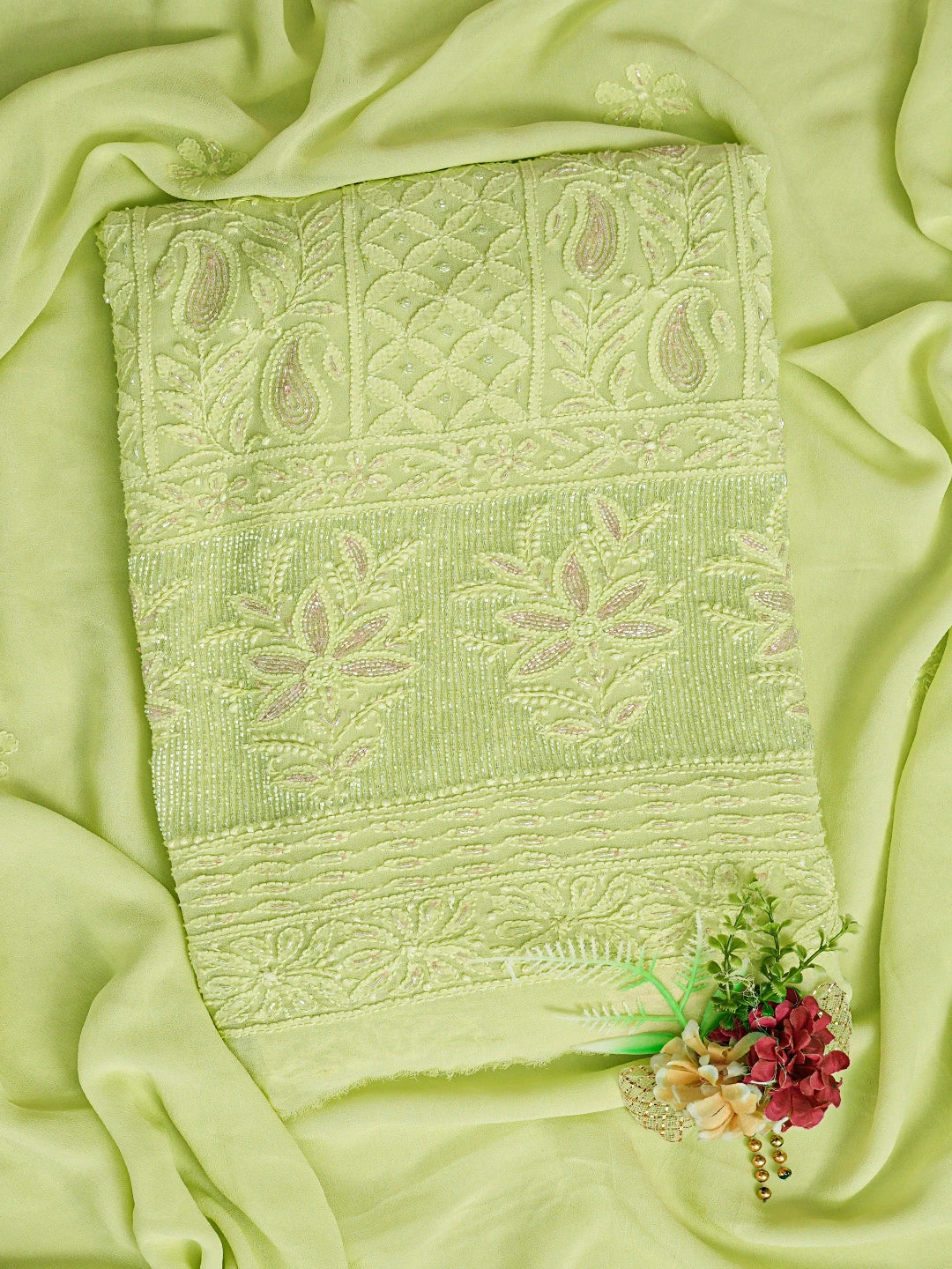 Ada Hand Embroidered Lemon Green Viscose Georgette Lucknowi Chikankari Unstitched Kurta Dupatta Set With Cutdana Work 01A816538