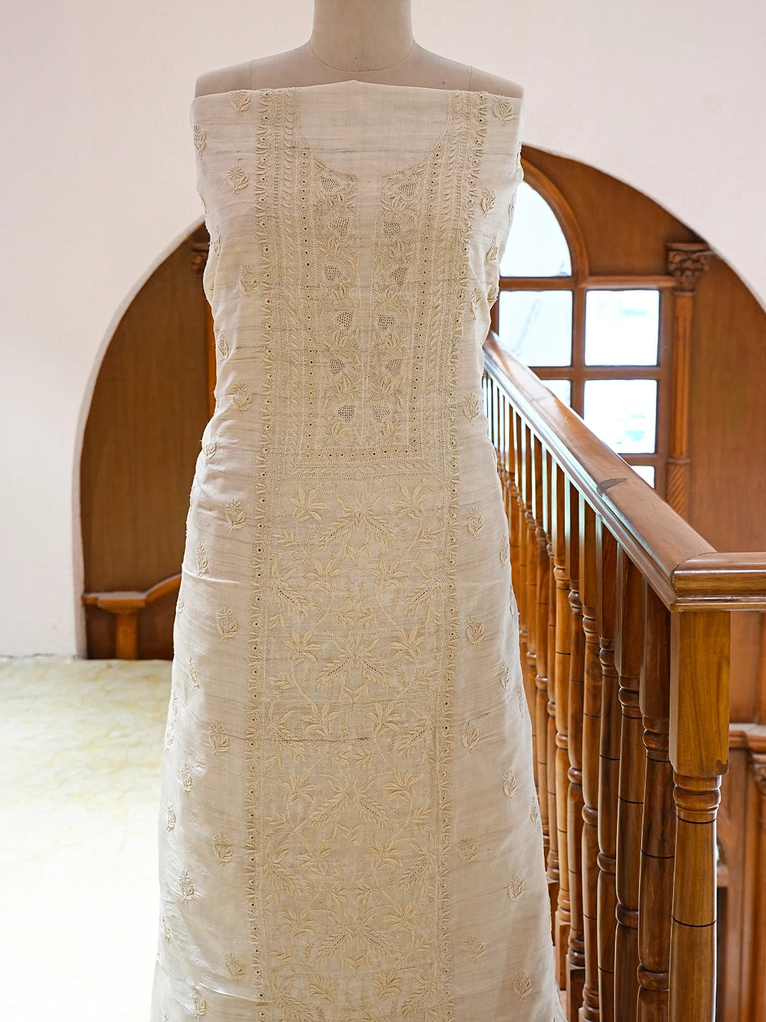 Ada Hand Embroidered Fawn Tusser Silk Lucknowi Chikankari Unstitched Kurta Dupatta Set 01A836885
