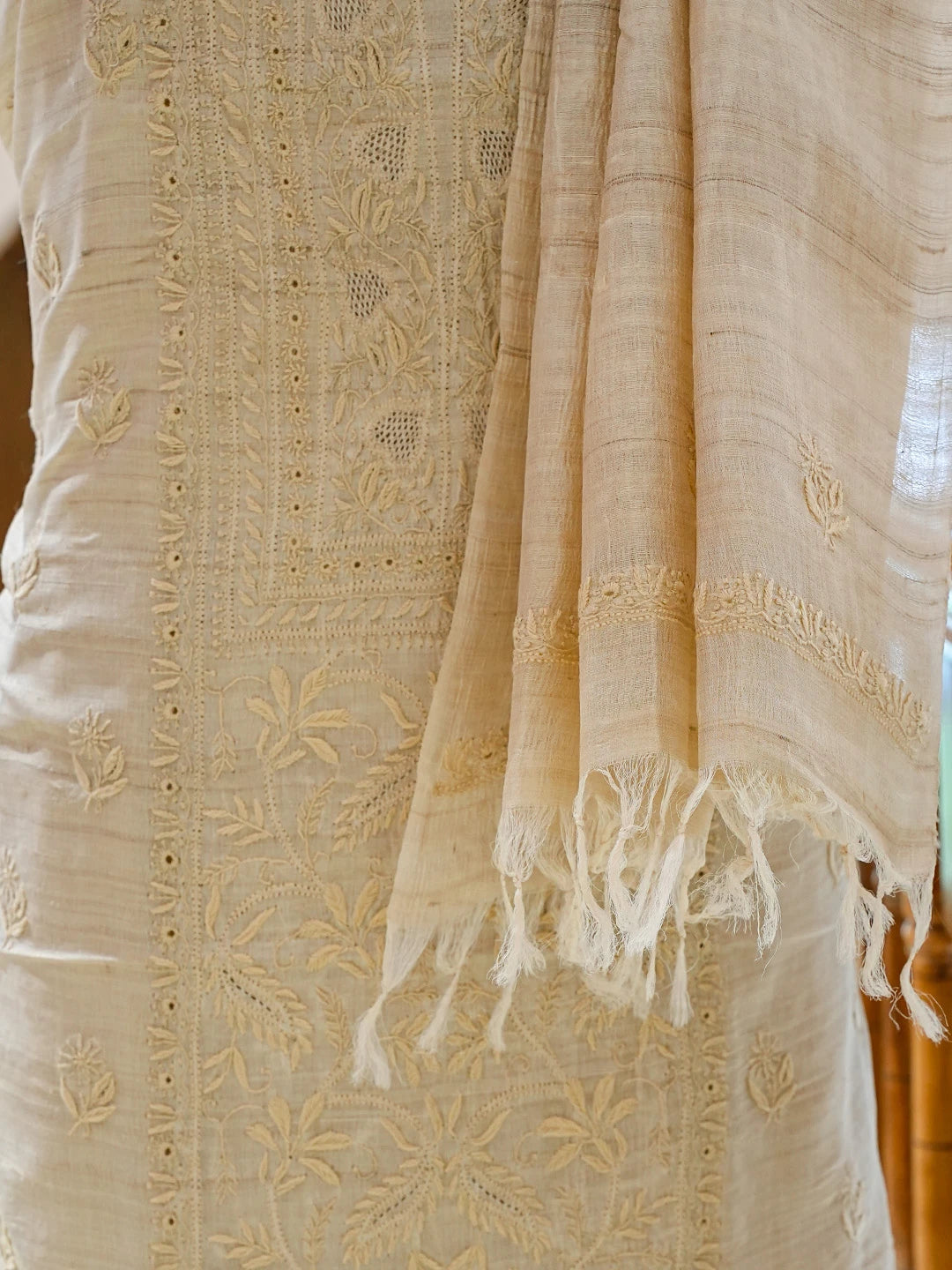 Ada Hand Embroidered Fawn Tusser Silk Lucknowi Chikankari Unstitched Kurta Dupatta Set 01A836885