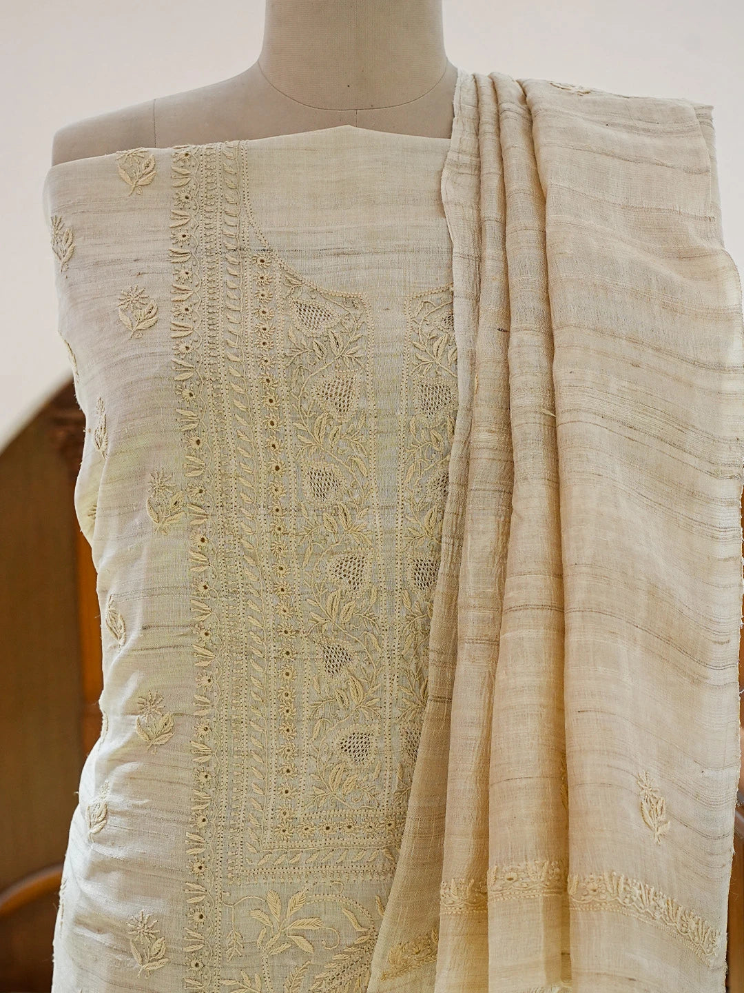 Ada Hand Embroidered Fawn Tusser Silk Lucknowi Chikankari Unstitched Kurta Dupatta Set 01A836885
