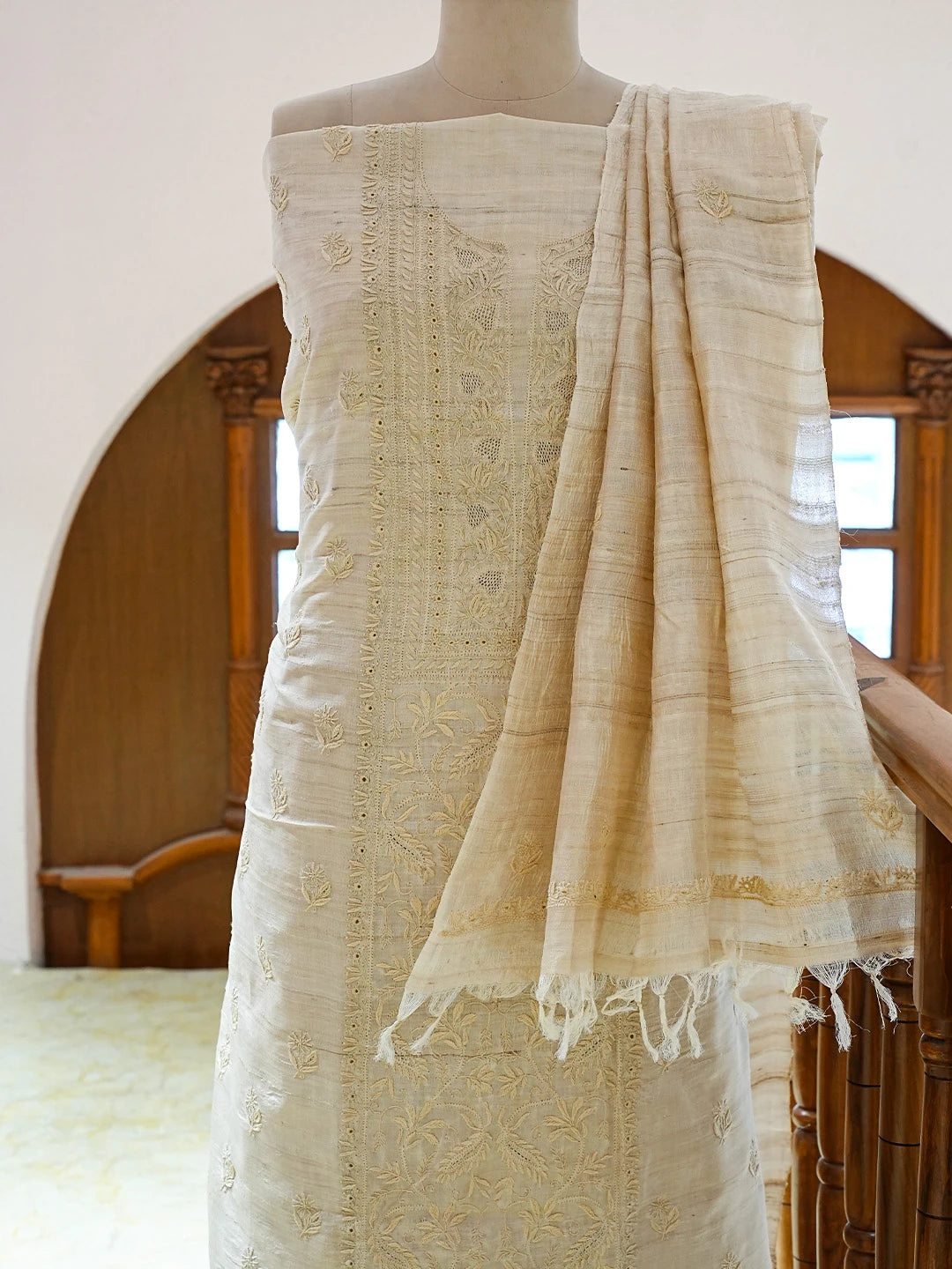 Ada Hand Embroidered Fawn Tusser Silk Lucknowi Chikankari Unstitched Kurta Dupatta Set 01A836885
