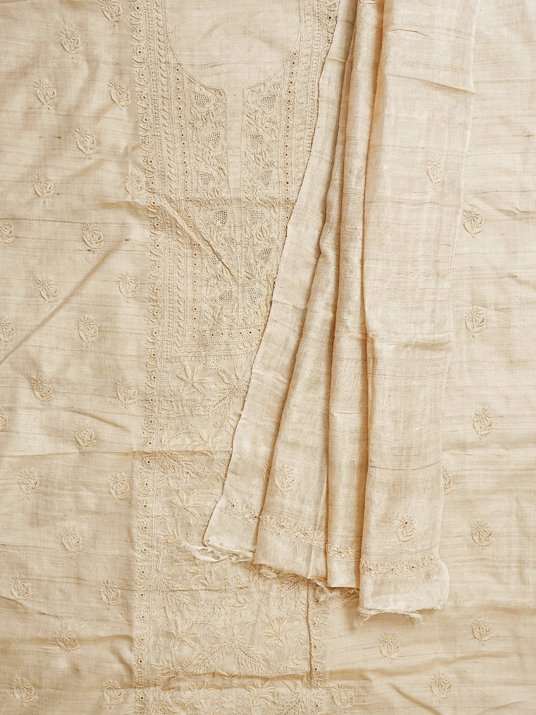 Ada Hand Embroidered Fawn Tusser Silk Lucknowi Chikankari Unstitched Kurta Dupatta Set 01A836885