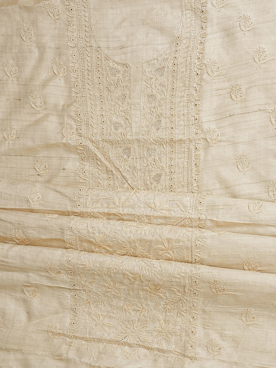 Ada Hand Embroidered Fawn Tusser Silk Lucknowi Chikankari Unstitched Kurta Dupatta Set 01A836885