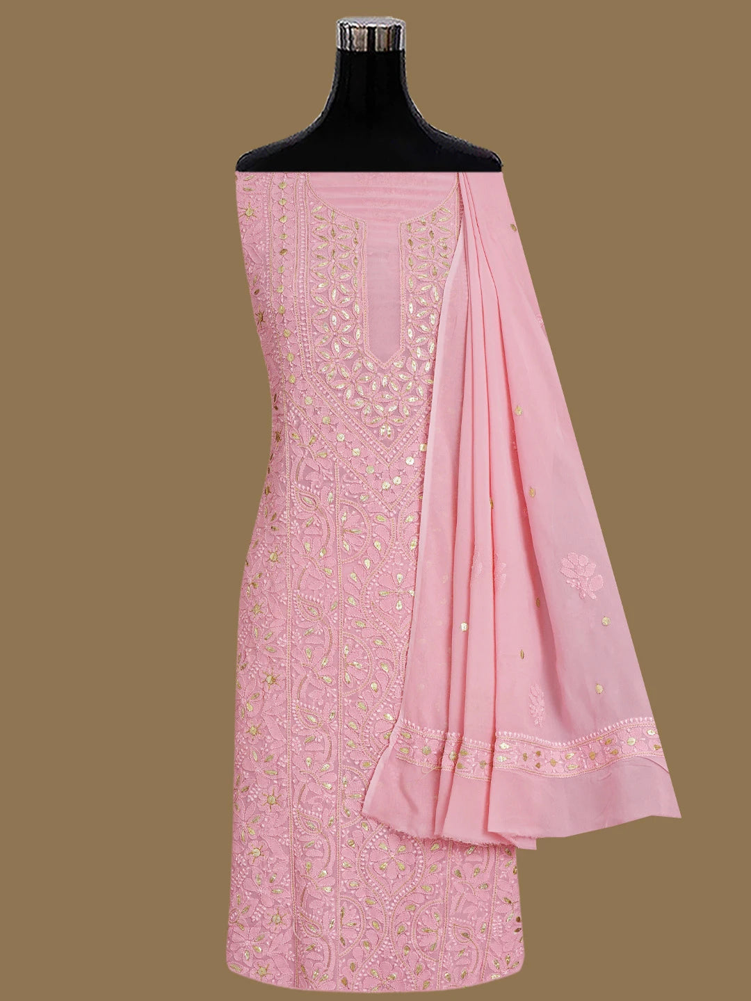 Ada Hand Embroidered Pink Viscose Georgette Lucknowi Chikankari Unstitched Kurta Dupatta Set With Gotapatti Work 01A809566