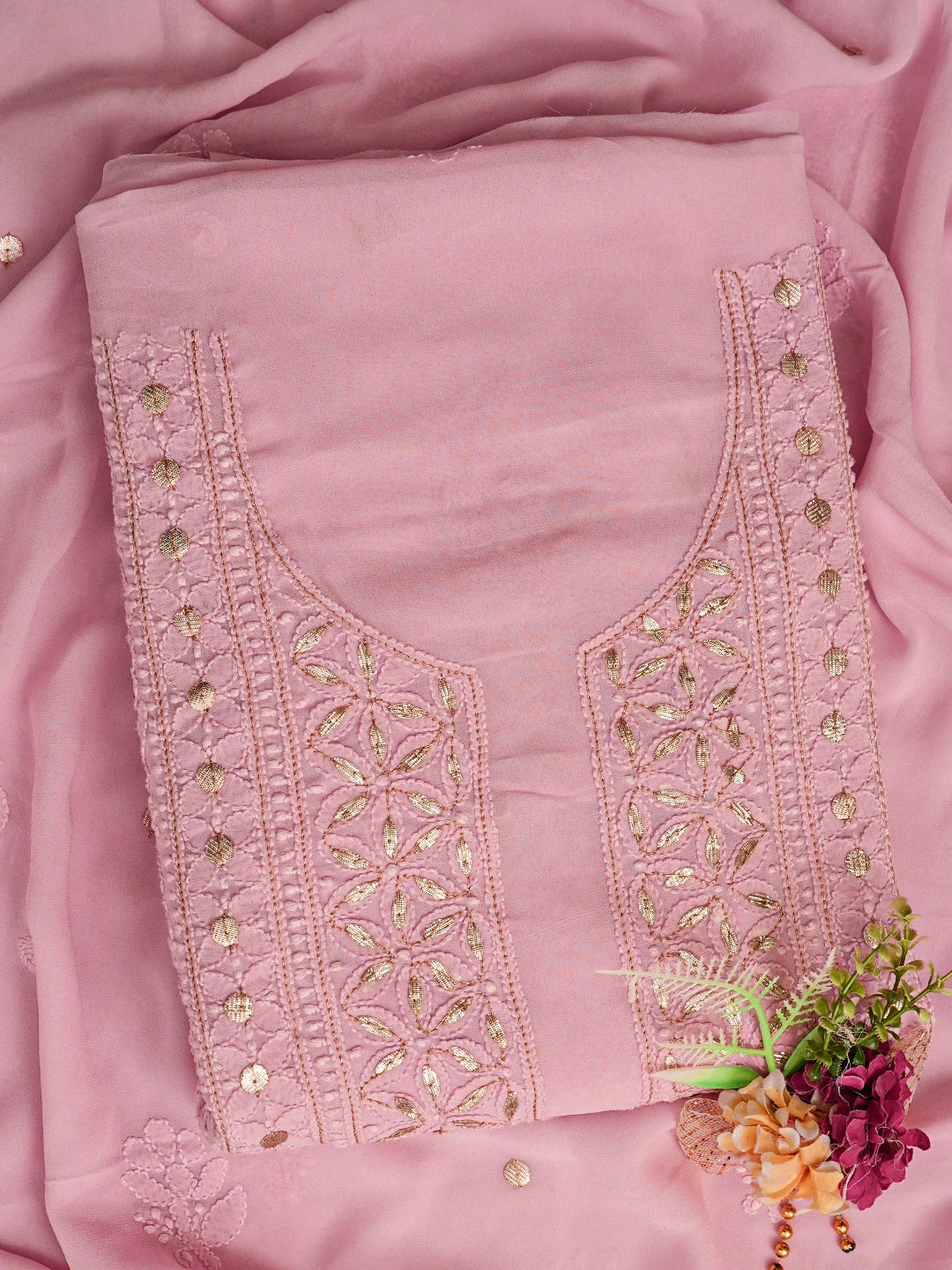 Ada Hand Embroidered Pink Viscose Georgette Lucknowi Chikankari Unstitched Kurta Dupatta Set With Gotapatti Work 01A809566