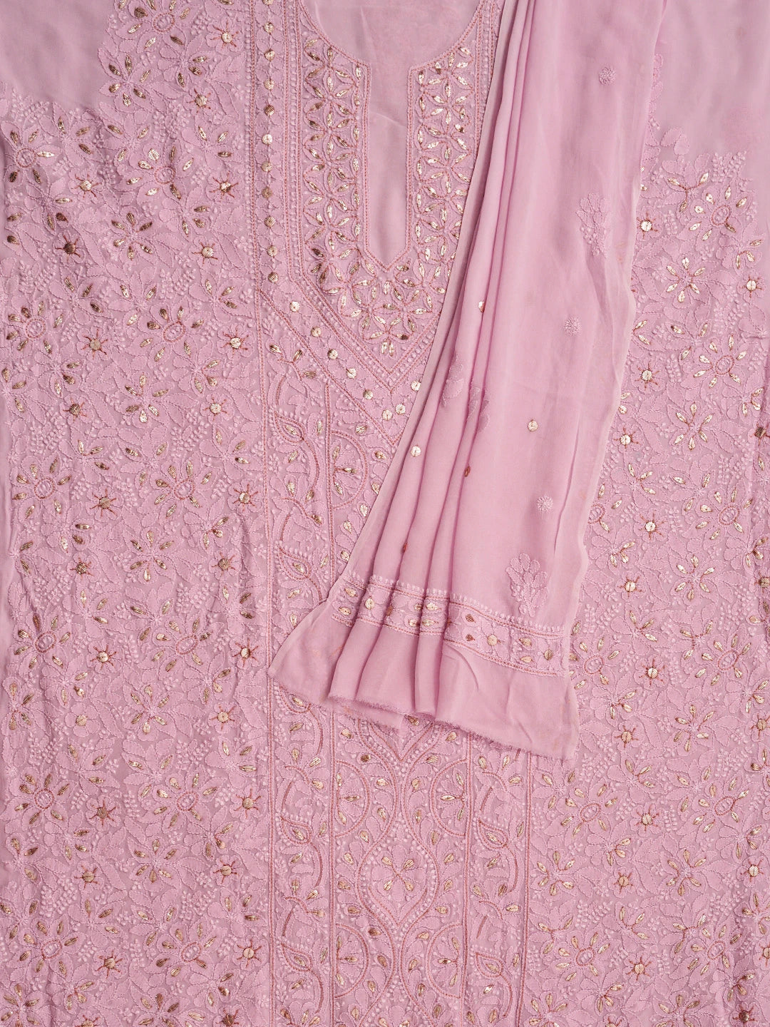Ada Hand Embroidered Pink Viscose Georgette Lucknowi Chikankari Unstitched Kurta Dupatta Set With Gotapatti Work 01A809566