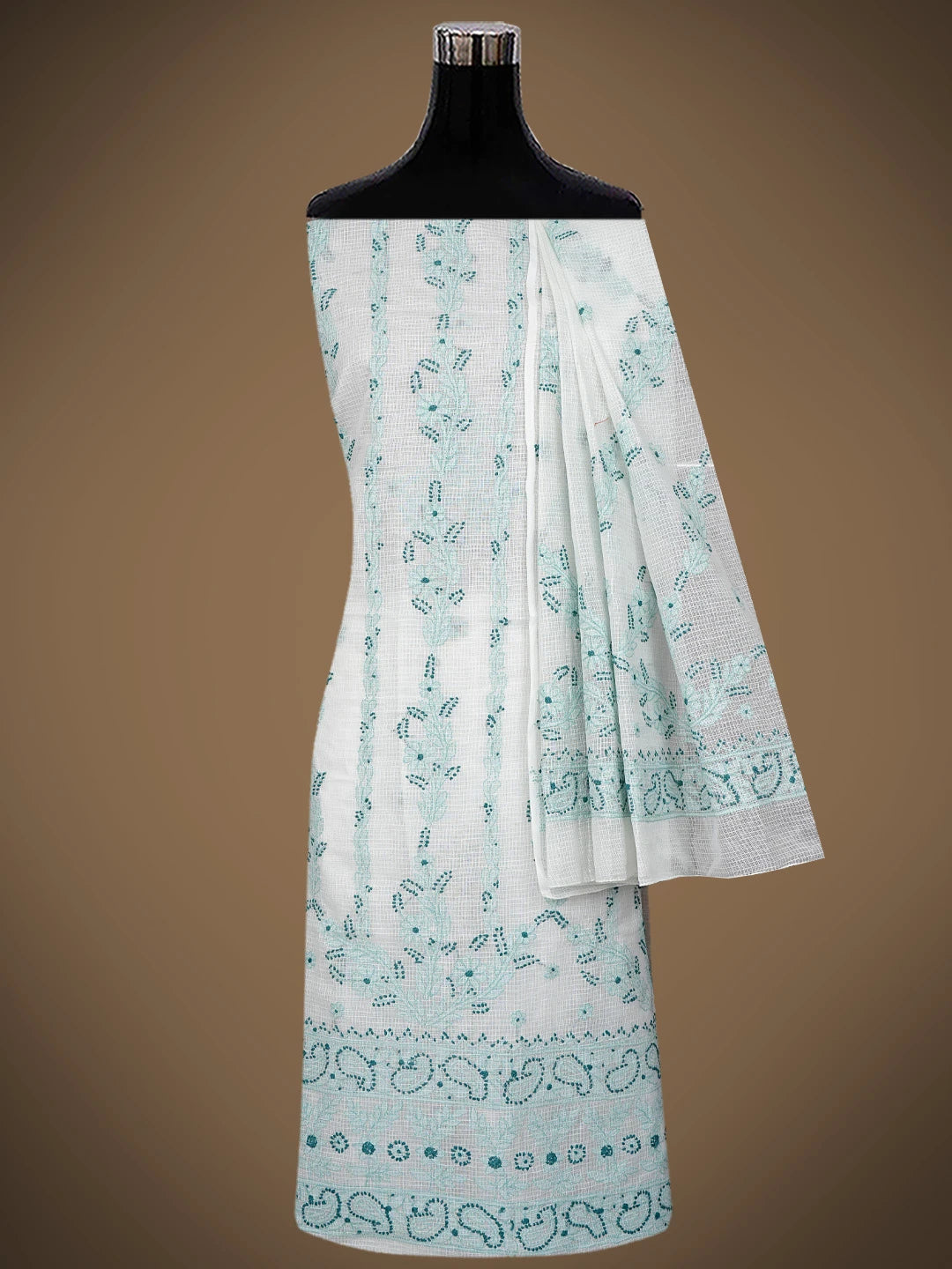 Ada Hand Embroidered Cream Kota Lucknowi Chikankari Unstitched Kurta Dupatta Set 01A831662