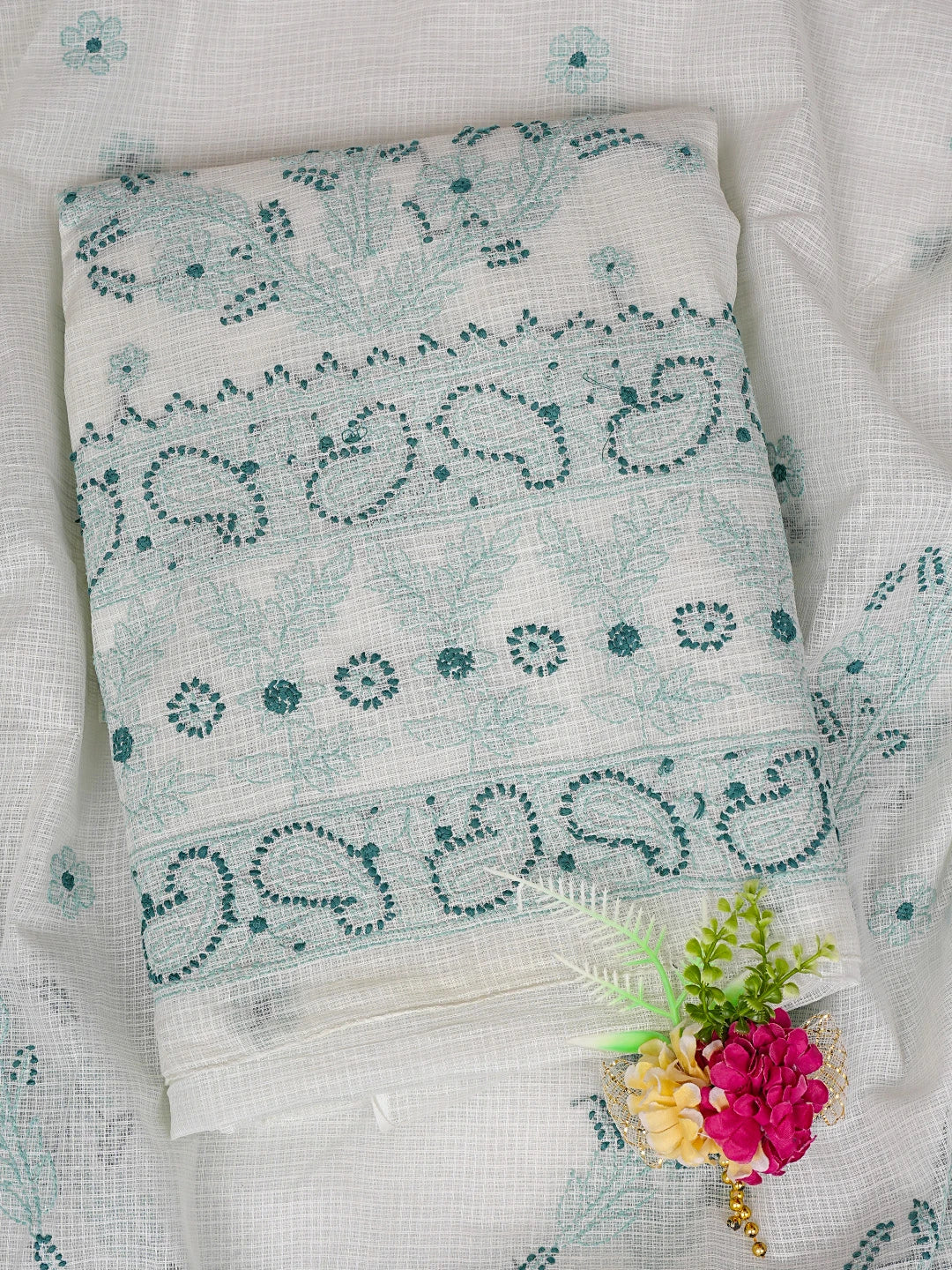 Ada Hand Embroidered Cream Kota Lucknowi Chikankari Unstitched Kurta Dupatta Set 01A831662
