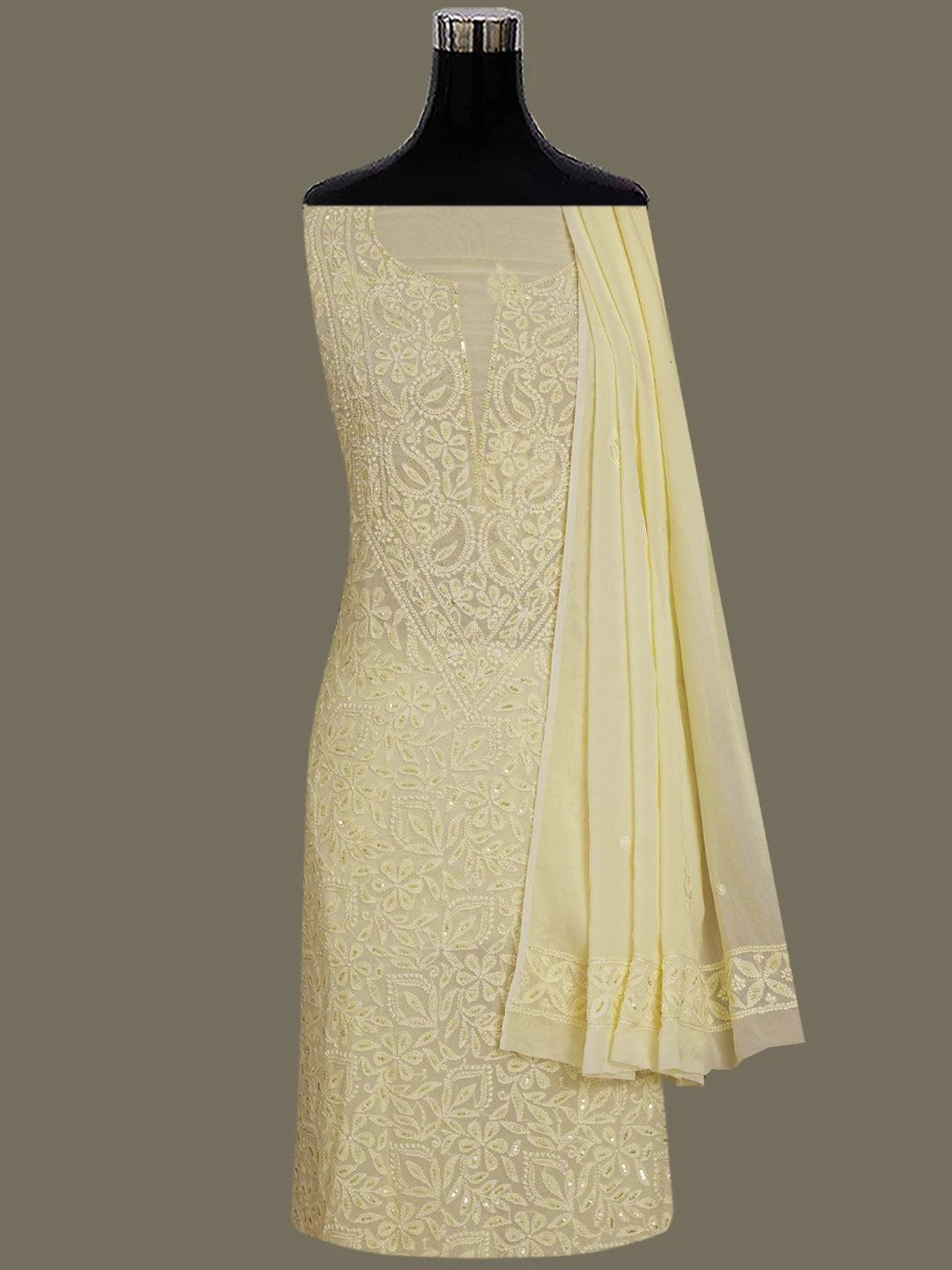 Ada Hand Embroidered Light Peach Viscose Georgette Lucknowi Chikankari Unstitched Kurta Dupatta Set With Cutdana Work 01A801853