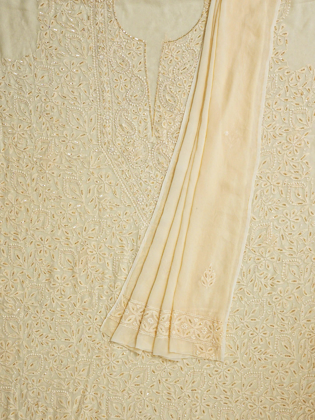 Ada Hand Embroidered Light Peach Viscose Georgette Lucknowi Chikankari Unstitched Kurta Dupatta Set With Cutdana Work 01A801853