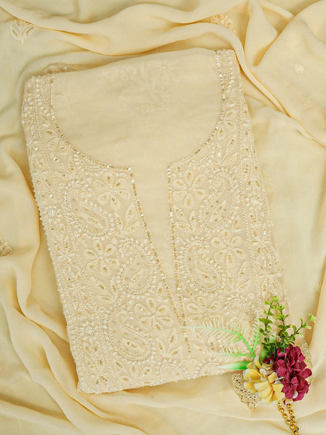 Ada Hand Embroidered Light Peach Viscose Georgette Lucknowi Chikankari Unstitched Kurta Dupatta Set With Cutdana Work 01A801853