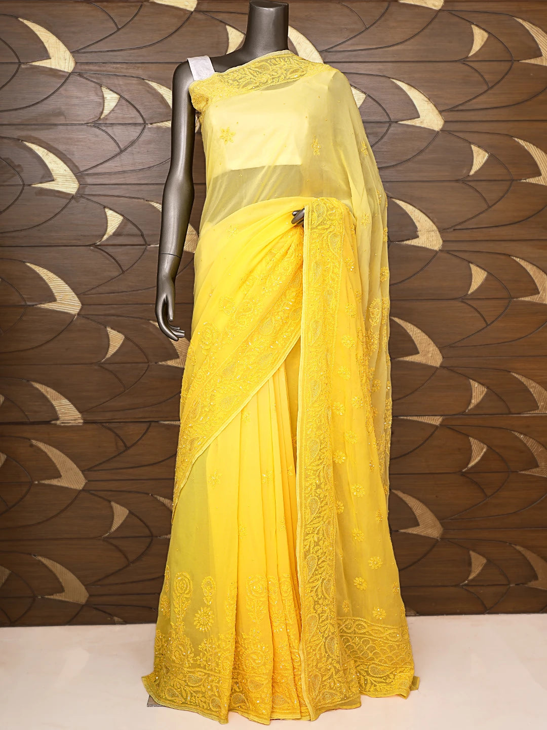 Ada Hand Embroidered Yellow Light Dual Shade Viscose Georgette Lucknowi Chikankari Saree/Blouse With Cutdana Work 01A789003