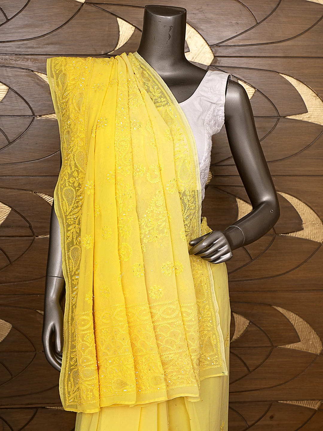 Ada Hand Embroidered Yellow Light Dual Shade Viscose Georgette Lucknowi Chikankari Saree/Blouse With Cutdana Work 01A789003