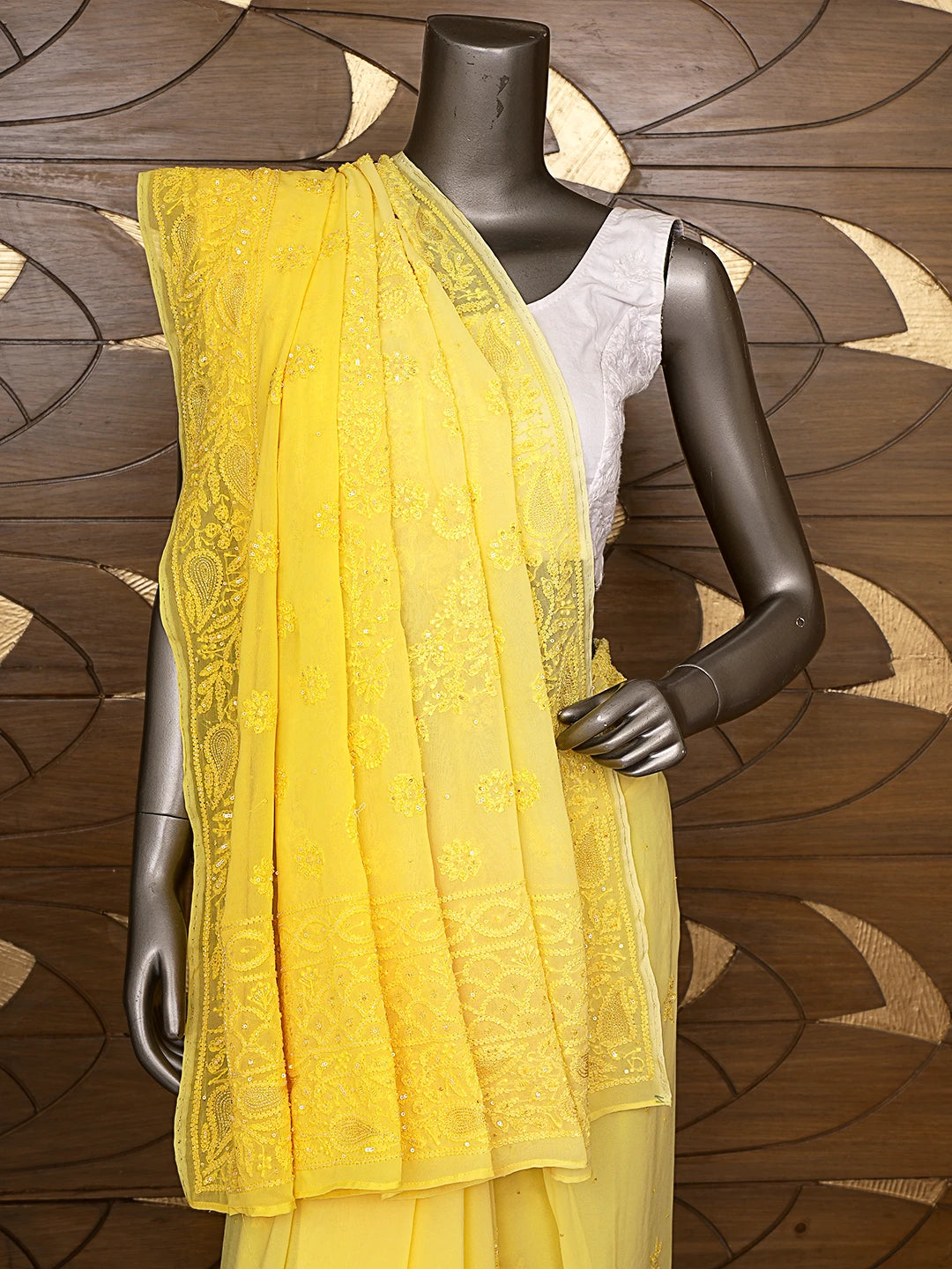 Ada Hand Embroidered Yellow Light Dual Shade Viscose Georgette Lucknowi Chikankari Saree/Blouse With Cutdana Work 01A789003