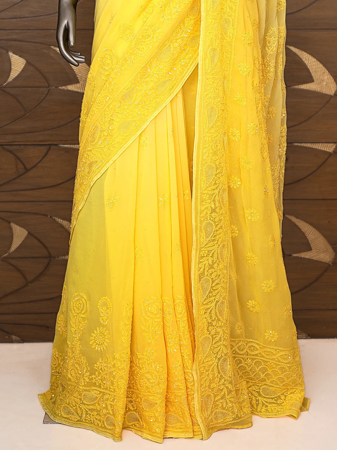 Ada Hand Embroidered Yellow Light Dual Shade Viscose Georgette Lucknowi Chikankari Saree/Blouse With Cutdana Work 01A789003