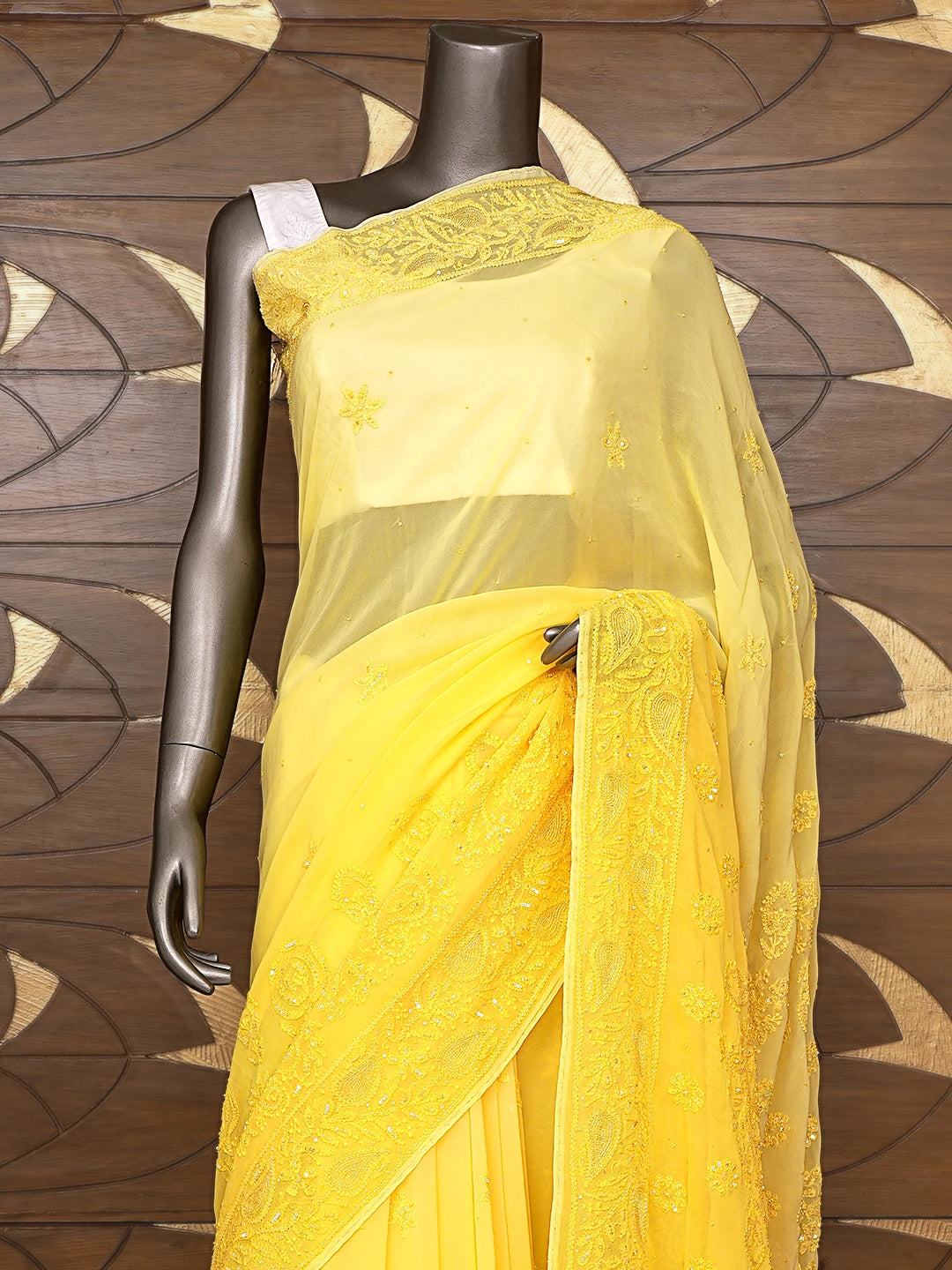 Ada Hand Embroidered Yellow Light Dual Shade Viscose Georgette Lucknowi Chikankari Saree/Blouse With Cutdana Work 01A789003