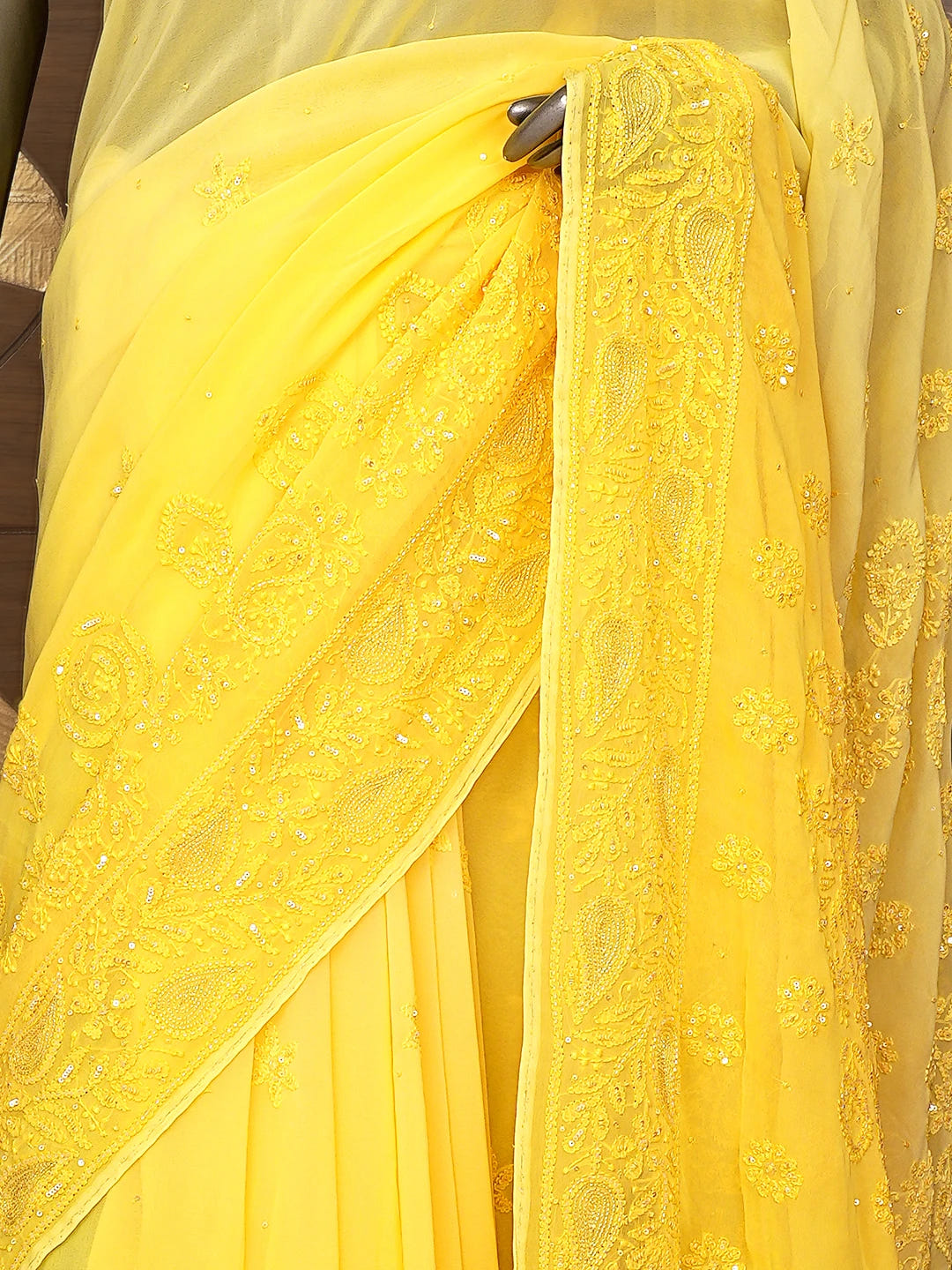 Ada Hand Embroidered Yellow Light Dual Shade Viscose Georgette Lucknowi Chikankari Saree/Blouse With Cutdana Work 01A789003