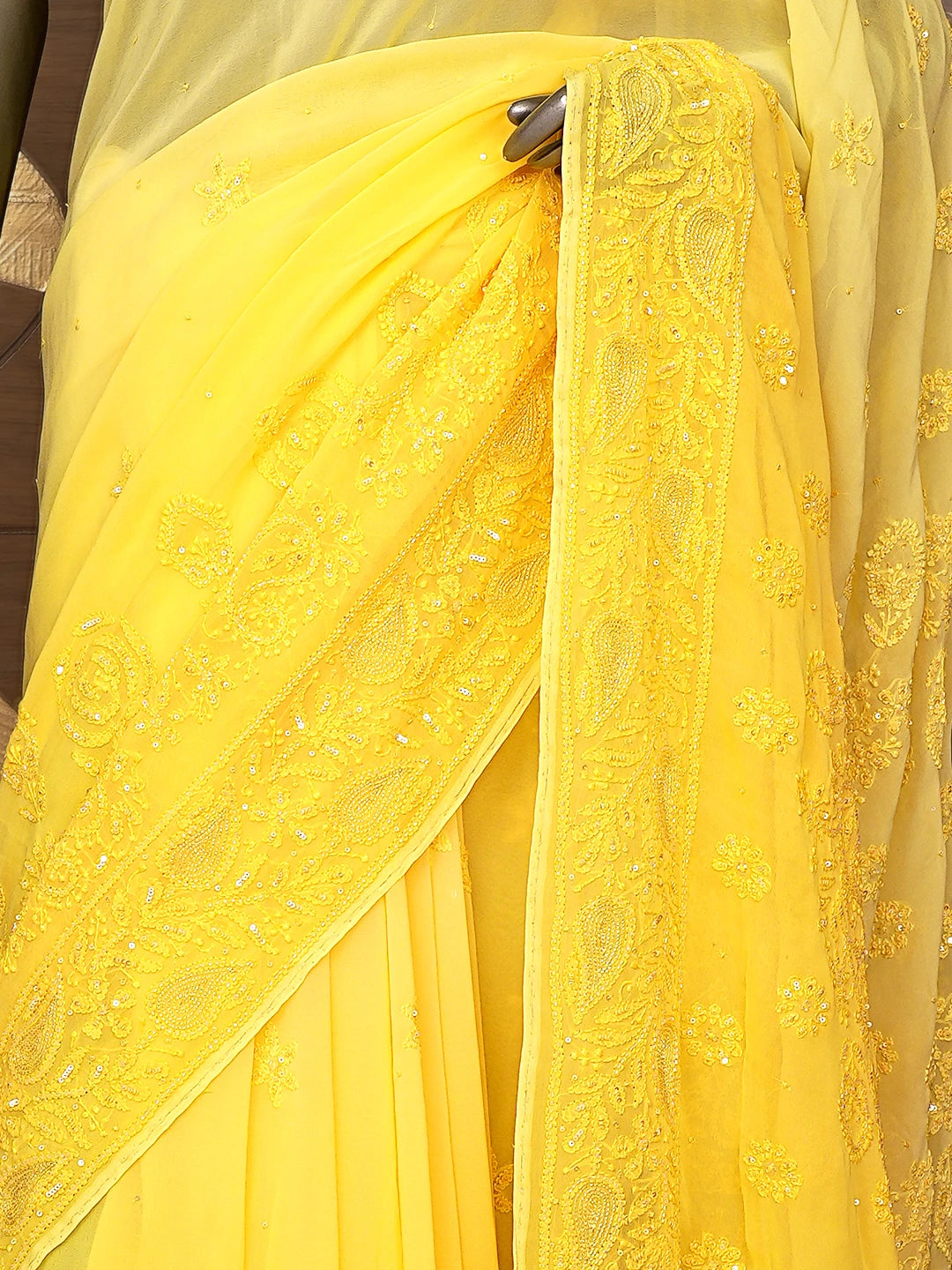 Ada Hand Embroidered Yellow Light Dual Shade Viscose Georgette Lucknowi Chikankari Saree/Blouse With Cutdana Work 01A789003