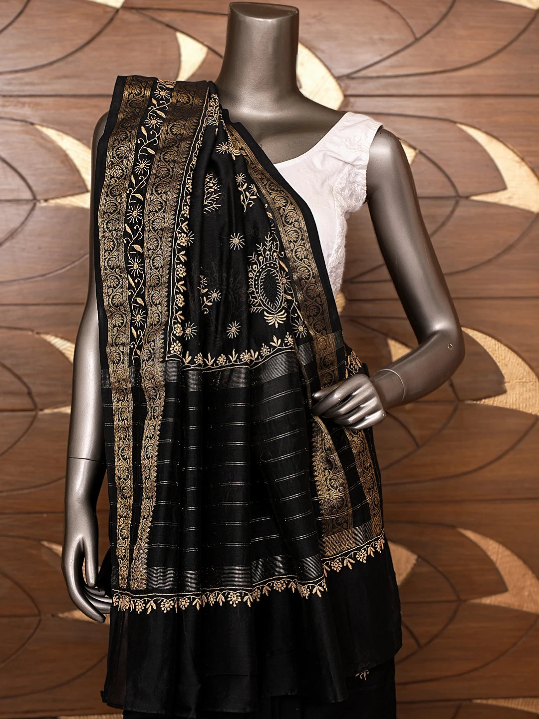 Ada Hand Embroidered Black Chanderi Lucknowi Chikankari Saree and Blouse 01A836813