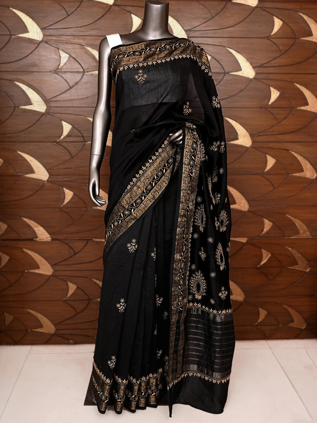Ada Hand Embroidered Black Chanderi Lucknowi Chikankari Saree and Blouse 01A836813