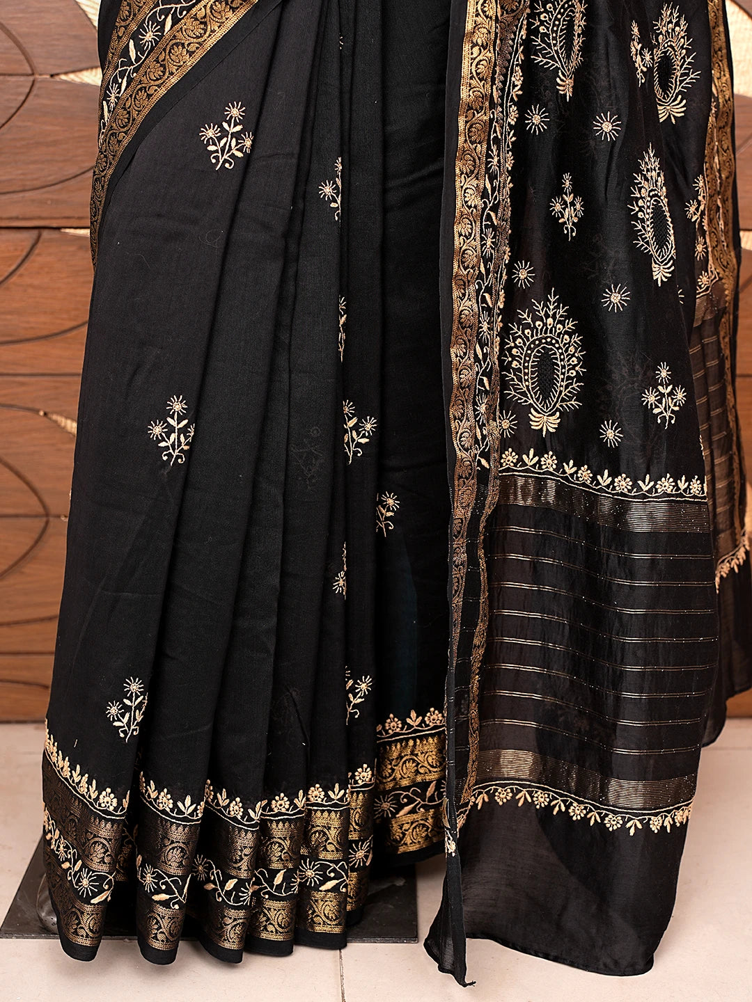 Ada Hand Embroidered Black Chanderi Lucknowi Chikankari Saree and Blouse 01A836813