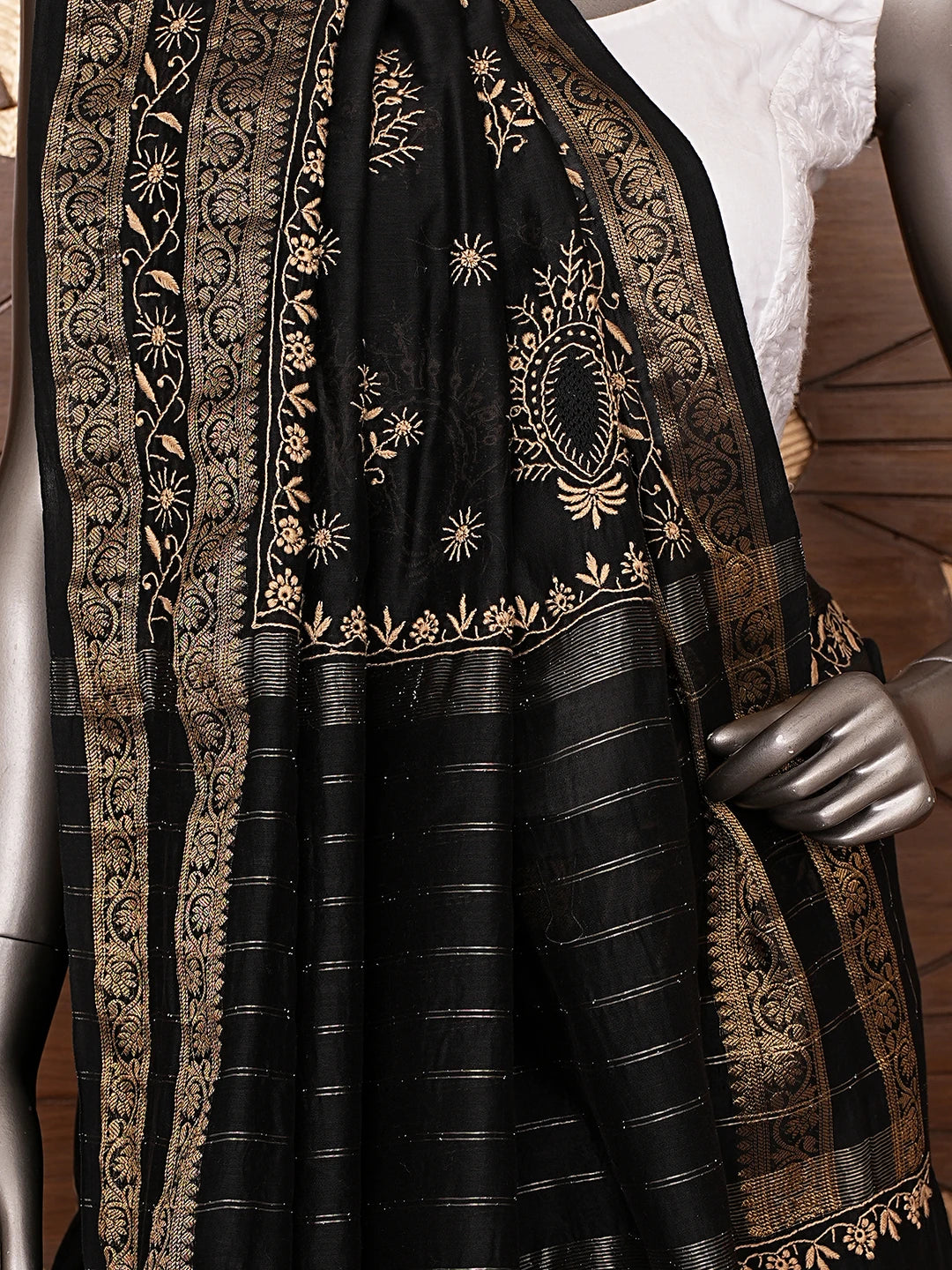 Ada Hand Embroidered Black Chanderi Lucknowi Chikankari Saree and Blouse 01A836813