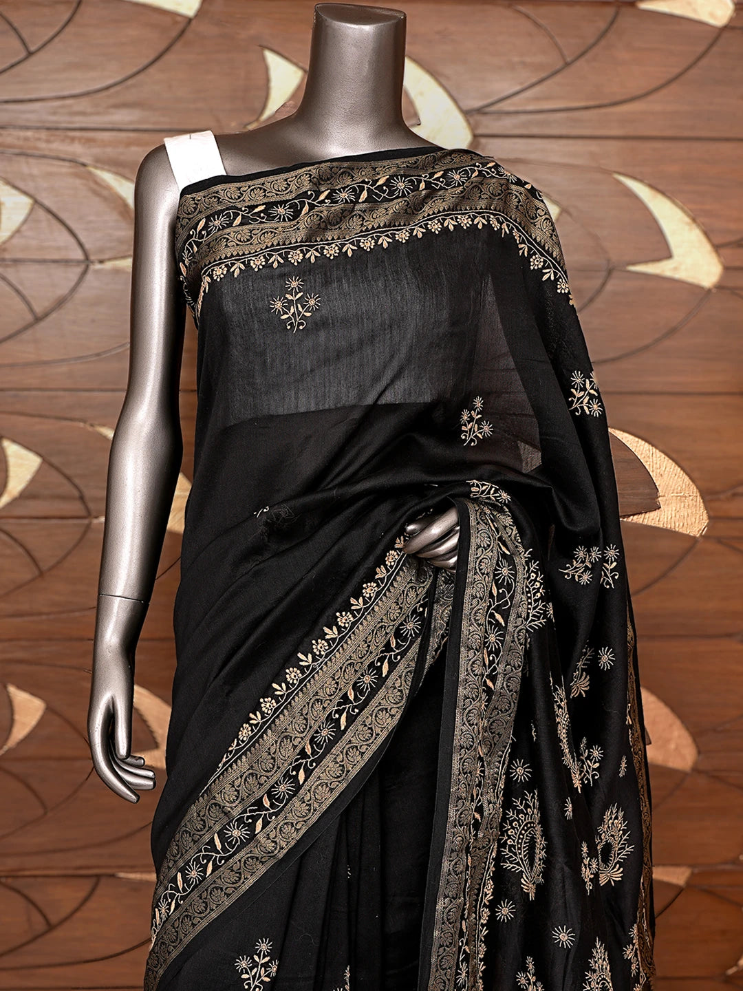 Ada Hand Embroidered Black Chanderi Lucknowi Chikankari Saree and Blouse 01A836813