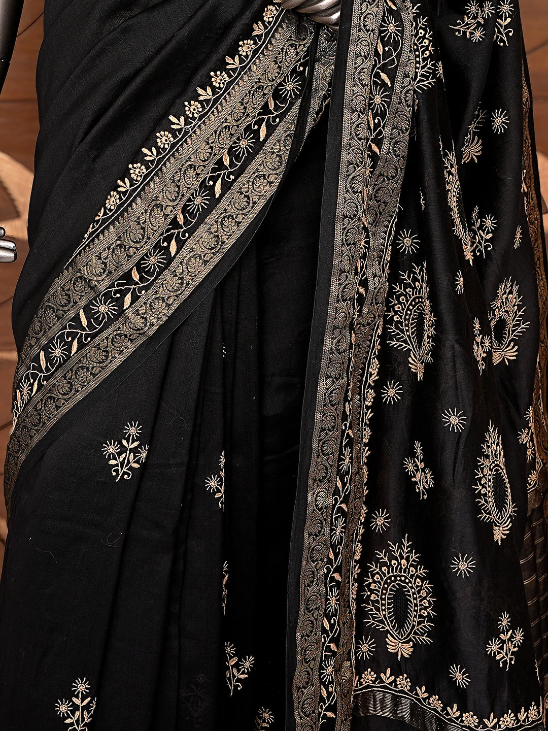 Ada Hand Embroidered Black Chanderi Lucknowi Chikankari Saree and Blouse 01A836813