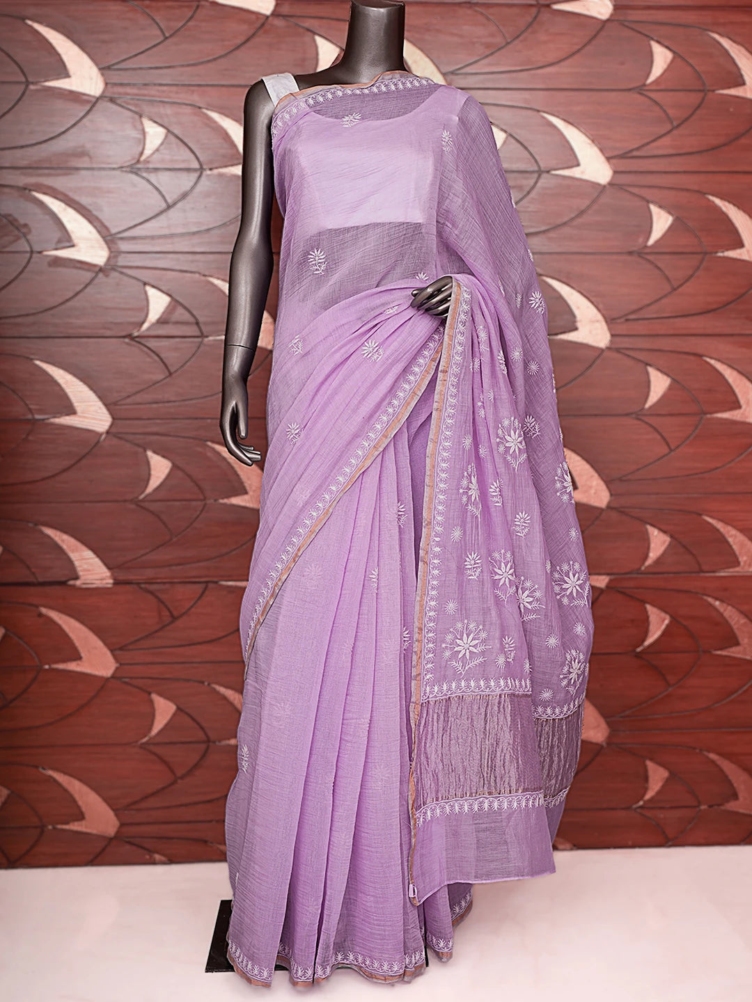 Ada Hand Embroidered Lavender Chanderi Lucknowi Chikankari Saree With Blouse 01A736265